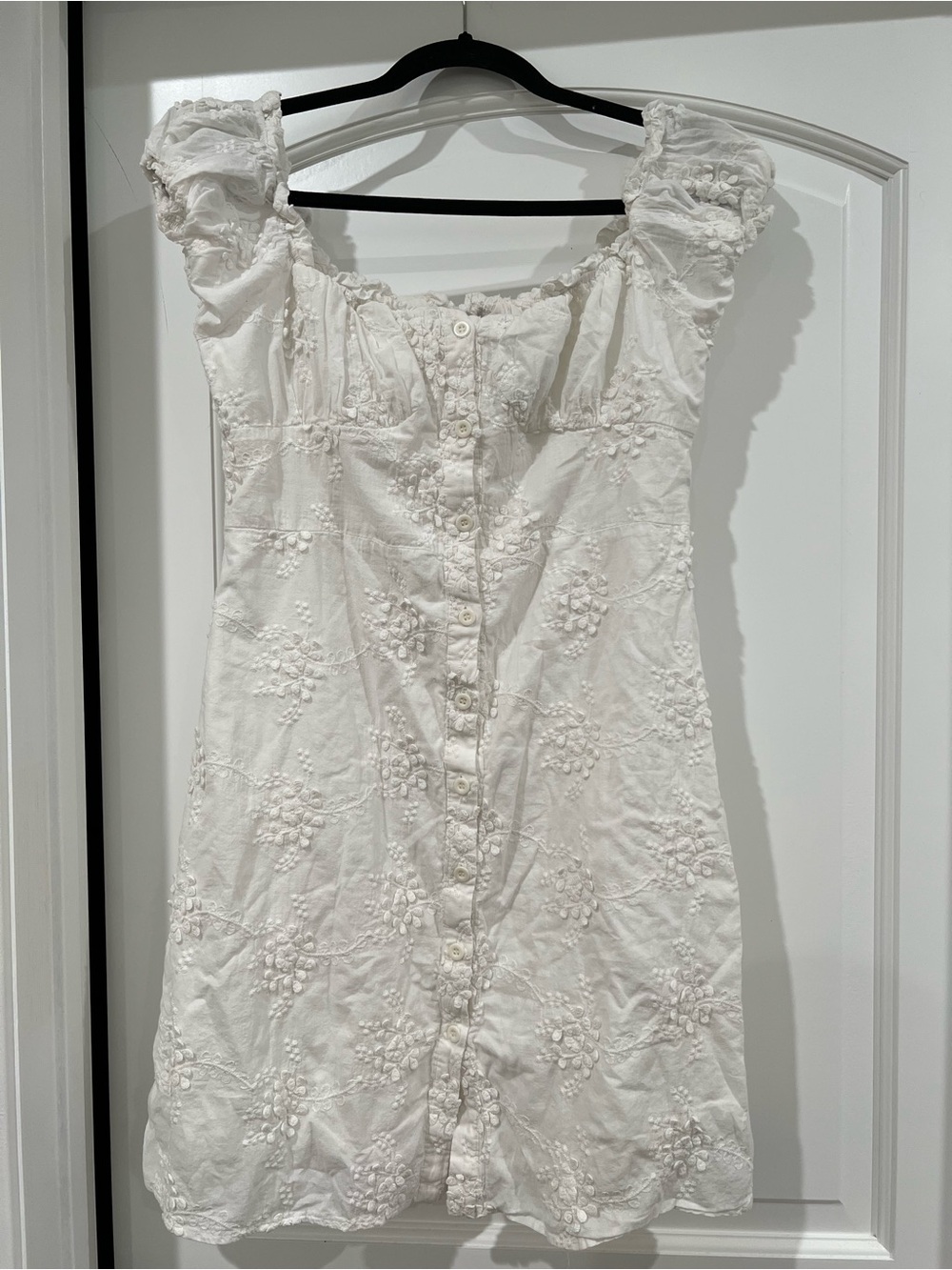 White Embroidered Button-Front Midi Dress
